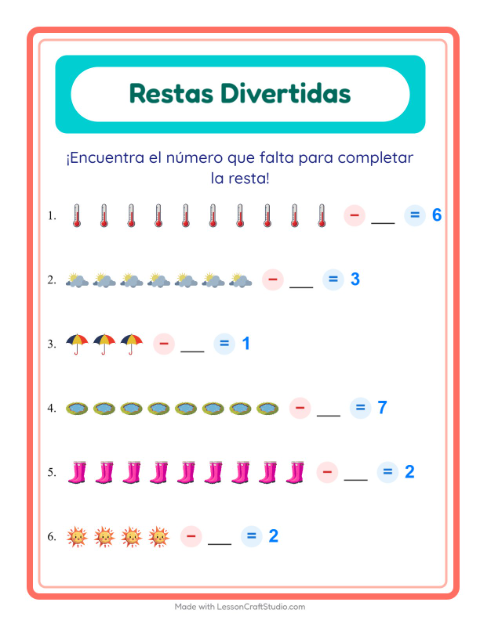 Vista previa de la hoja de Resta con Clima para jardín infantil