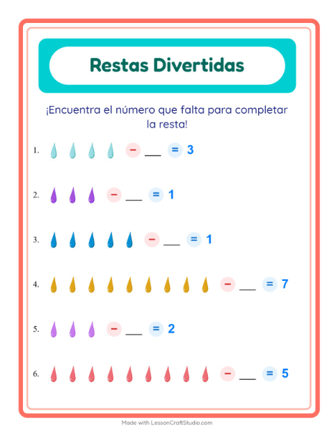 Vista previa de la hoja de Resta con Colores para jardín infantil