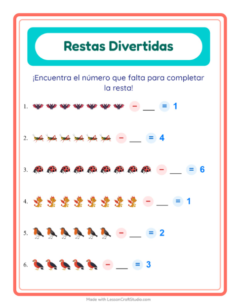 Vista previa de la hoja de Resta con Cosas que vuelan para jardín infantil