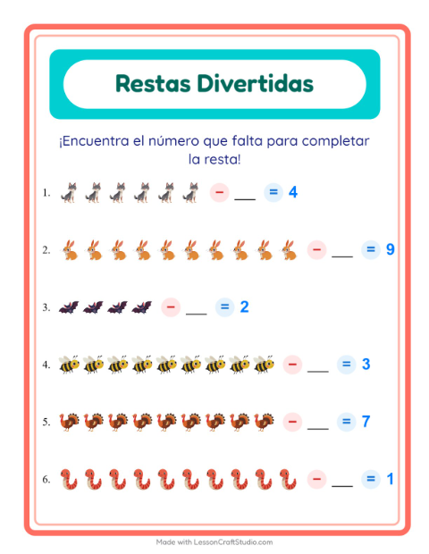 Vista previa de la hoja de Resta con Criaturas del bosque para jardín infantil