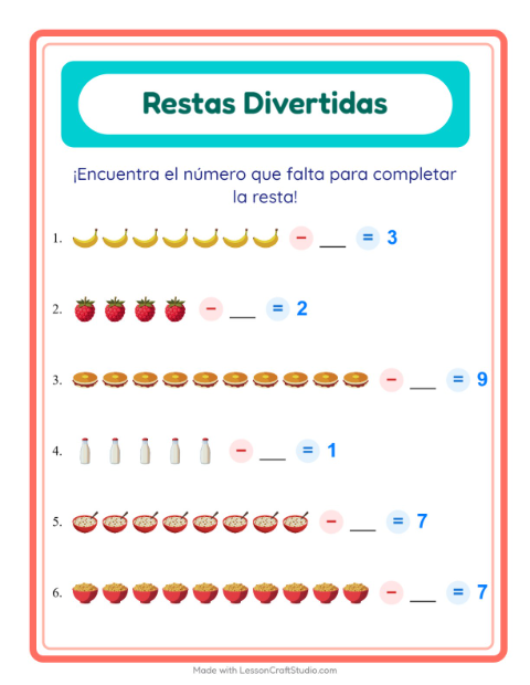 Vista previa de la hoja de Resta con Desayuno para jardín infantil