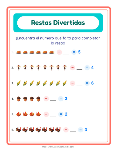 Vista previa de ¿Cuánto se Quitó? Resta con Acción de Gracias