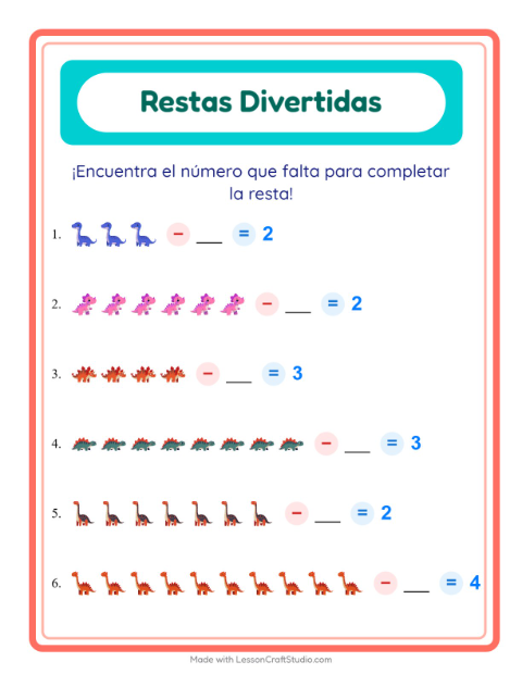 Vista previa de la hoja de Resta con Dinosaurios para jardín infantil