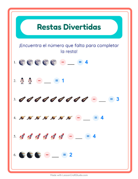 Vista previa de la hoja de Resta con Espacio para jardín infantil