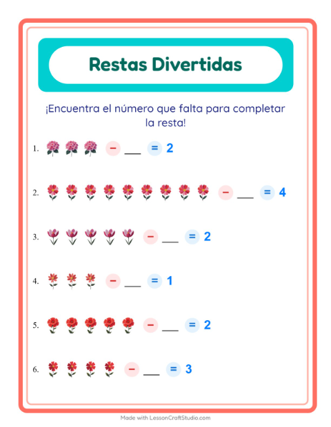 Vista previa de la hoja de Resta con Flores para jardín infantil