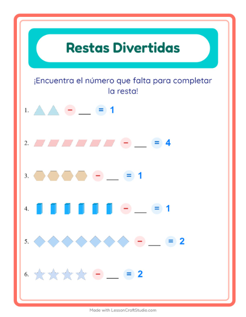 Vista previa de la hoja de Resta con Formas para jardín infantil