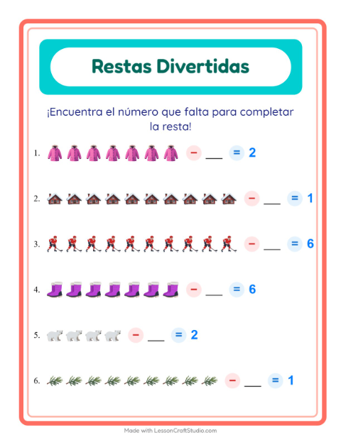 Vista previa de la hoja de Resta con Invierno para jardín infantil