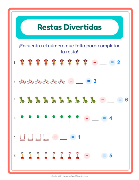 Vista previa de la hoja de Resta con Juguetes para jardín infantil