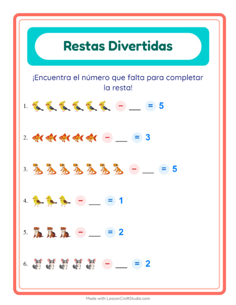 Vista previa de la hoja de Resta con Mascotas para jardín infantil