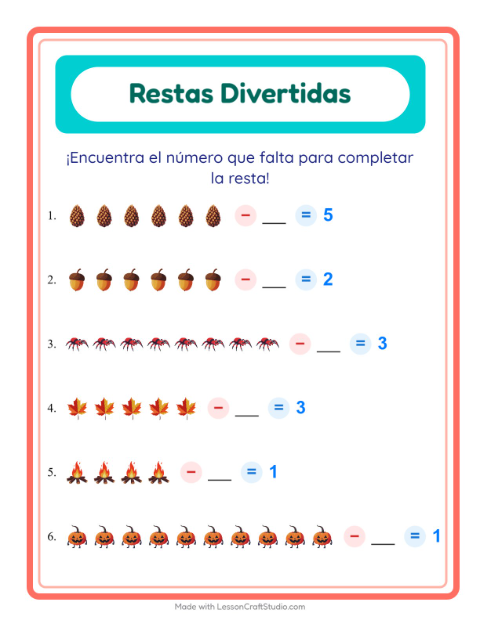 Vista previa de la hoja de Resta con Misceláneo para jardín infantil