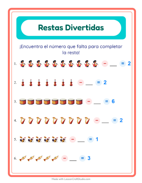 Vista previa de la hoja de Resta con Música para jardín infantil