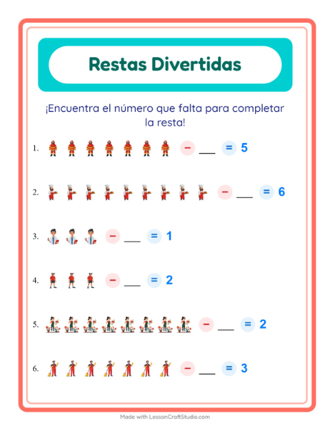 Vista previa de la hoja de Resta con Ocupaciones para jardín infantil