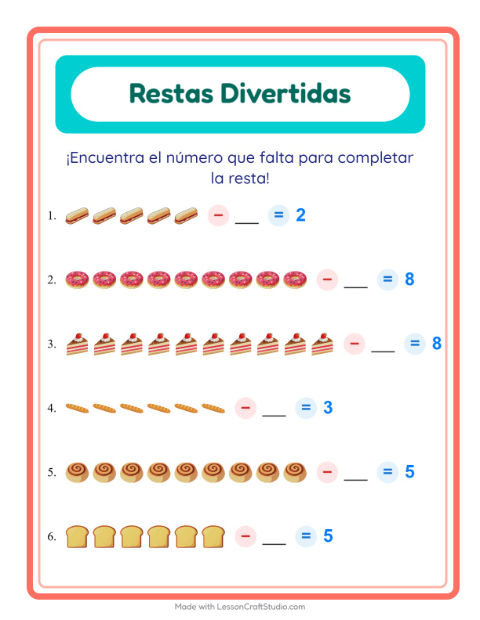 Vista previa de la hoja de Resta con Panadería para jardín infantil