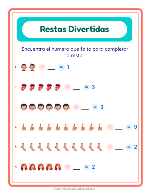 Vista previa de la hoja de Resta con Partes del cuerpo para jardín infantil