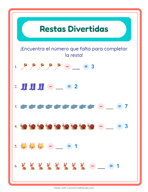 Vista previa de la hoja de Resta con Primavera para jardín infantil