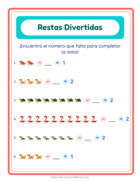 Vista previa de la hoja de Resta con Reptiles y anfibios para jardín infantil