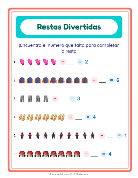 Vista previa de la hoja de Resta con Ropa para jardín infantil