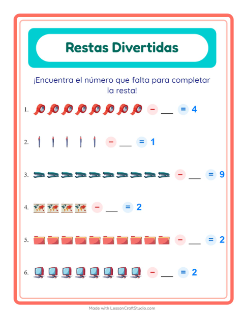 Vista previa de la hoja de Resta con Salón de clases para jardín infantil