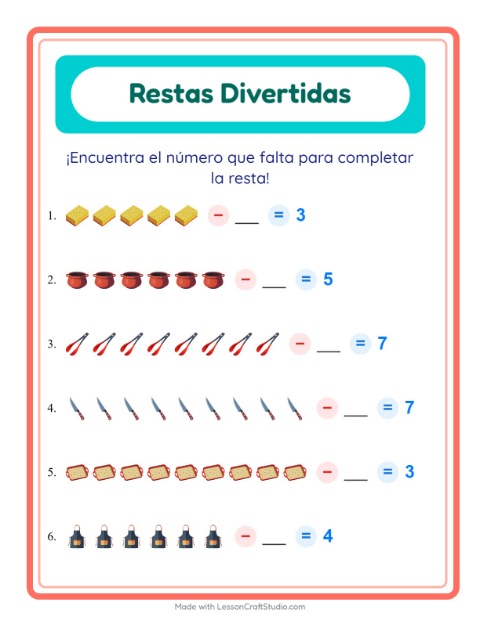 Vista previa de la hoja de Resta con Utensilios de cocina para jardín infantil