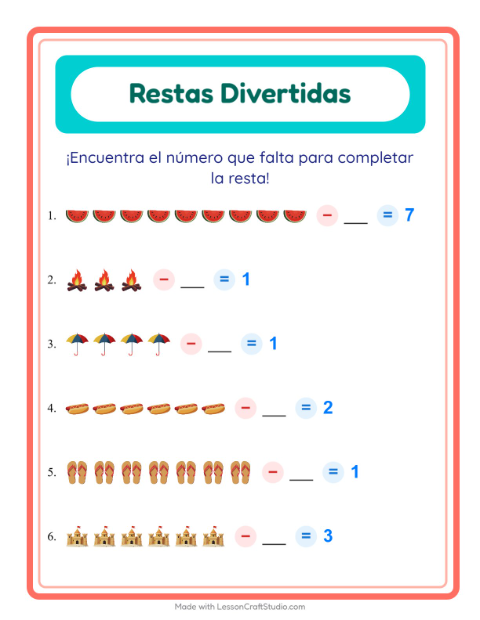 Vista previa de la hoja de Resta con Verano para jardín infantil