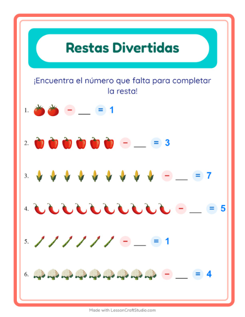 Vista previa de la hoja de Resta con Verduras para jardín infantil