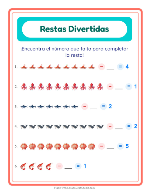 Vista previa de la hoja de Resta con Vida marina para jardín infantil