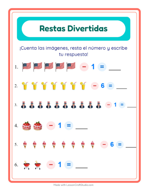 Vista previa de la hoja de Resta con 4 de Julio para jardín infantil