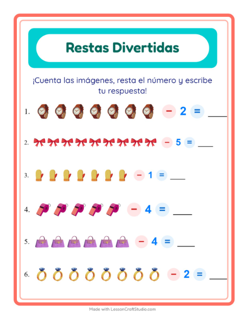 Vista previa de la hoja de Resta con Accesorios para jardín infantil