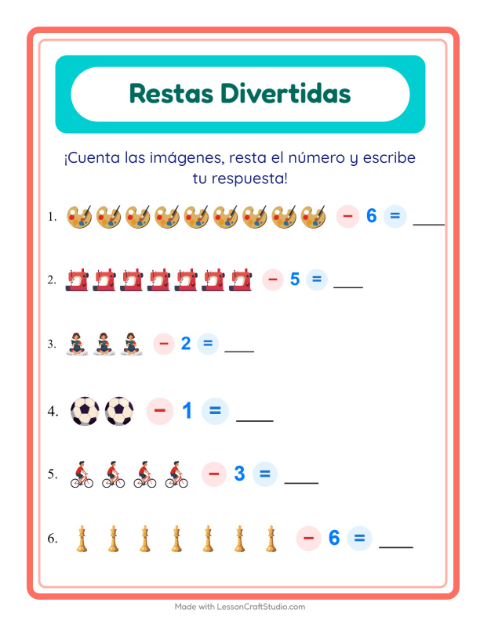 Vista previa de la hoja de Resta con Actividades para jardín infantil