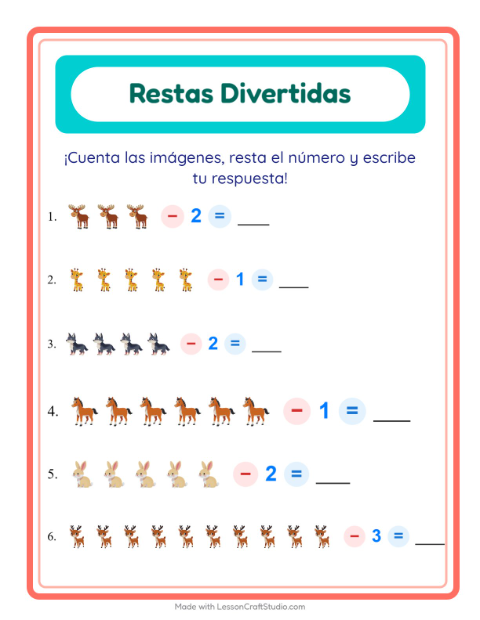 Vista previa de la hoja de Resta con Animales para jardín infantil