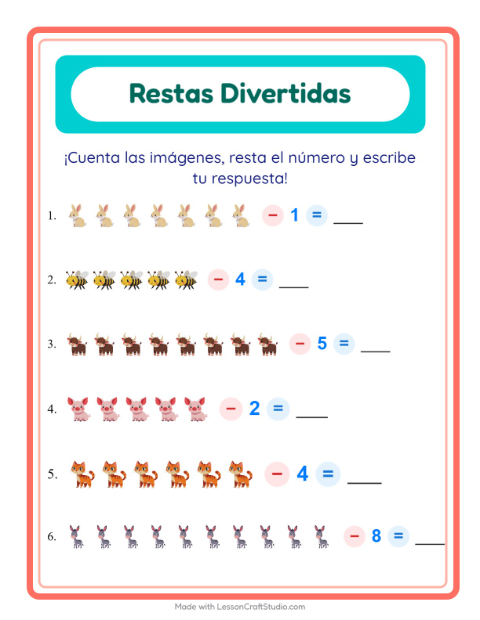 Vista previa de la hoja de Resta con Animales de granja para jardín infantil