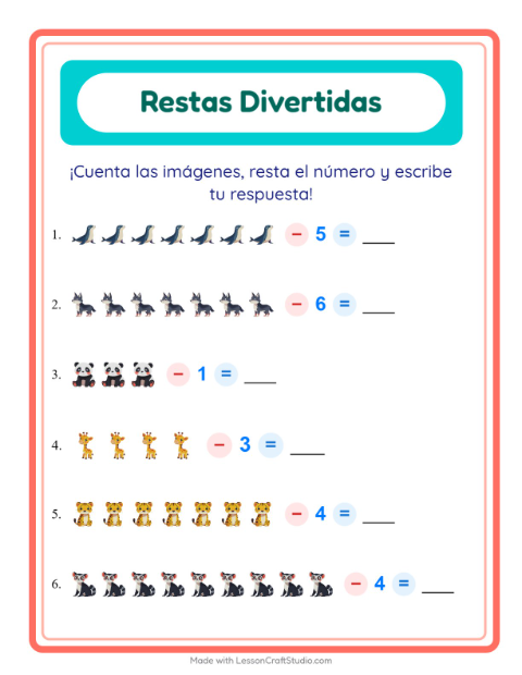 Vista previa de la hoja de Resta con Animales del zoológico para jardín infantil