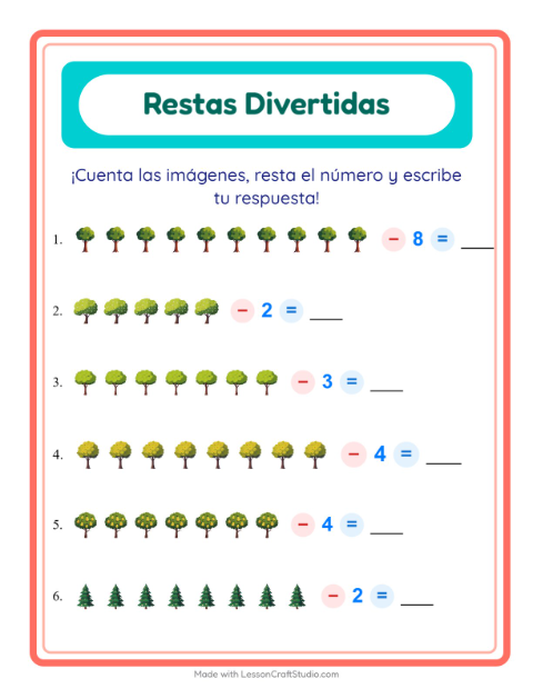 Vista previa de la hoja de Resta con Árboles para jardín infantil