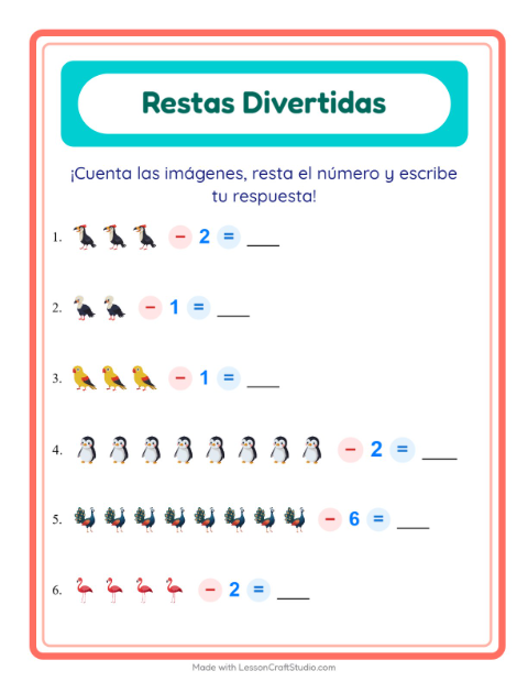 Vista previa de la hoja de Resta con Aves para jardín infantil