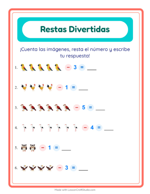 Vista previa de la hoja de Resta con Aves 2 para jardín infantil
