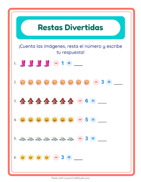 Vista previa de la hoja de Resta con Clima para jardín infantil