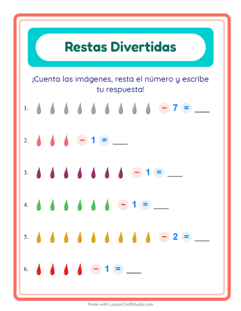 Vista previa de la hoja de Resta con Colores para jardín infantil