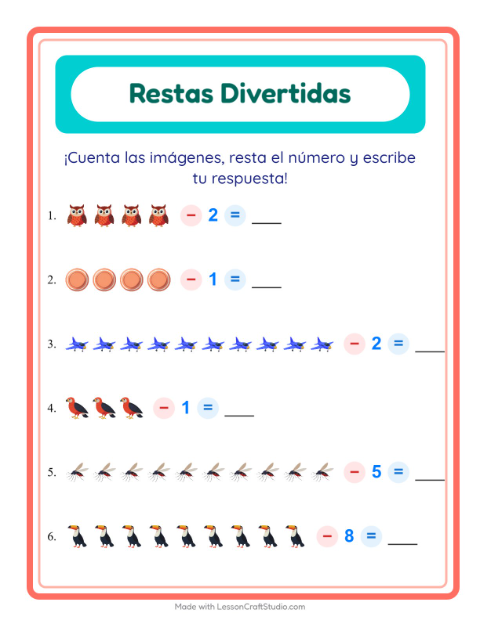Vista previa de la hoja de Resta con Cosas que vuelan para jardín infantil