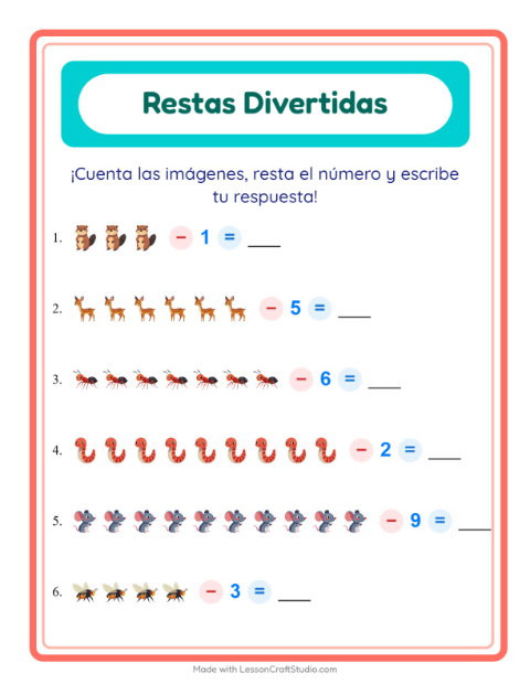 Vista previa de la hoja de Resta con Criaturas del bosque para jardín infantil