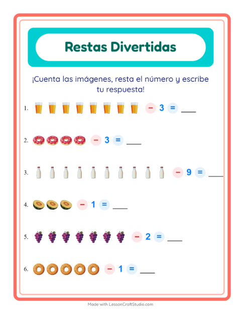 Vista previa de la hoja de Resta con Desayuno para jardín infantil