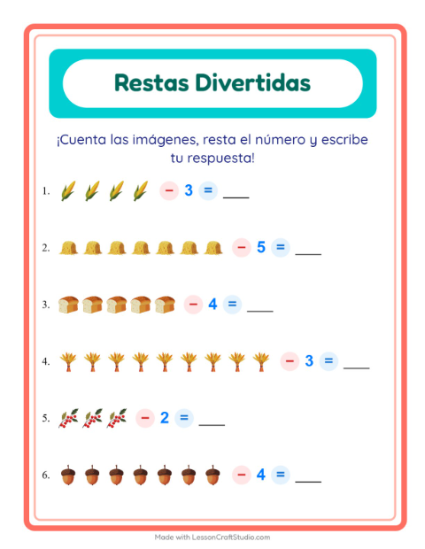 Vista previa de la hoja de Resta con Día de Acción de Gracias para jardín infantil