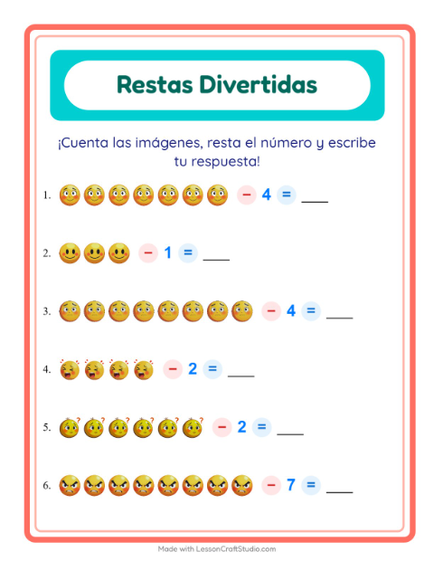 Vista previa de la hoja de Resta con Emociones para jardín infantil