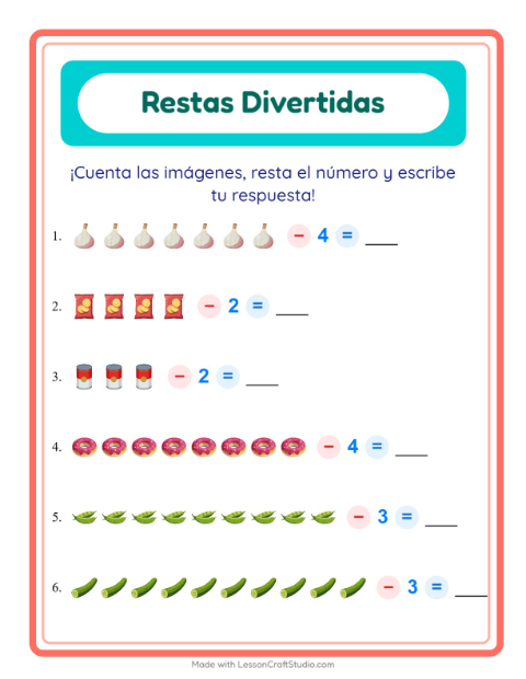 Vista previa de la hoja de Resta con En el supermercado para jardín infantil