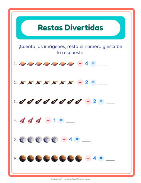 Vista previa de la hoja de Resta con Espacio para jardín infantil