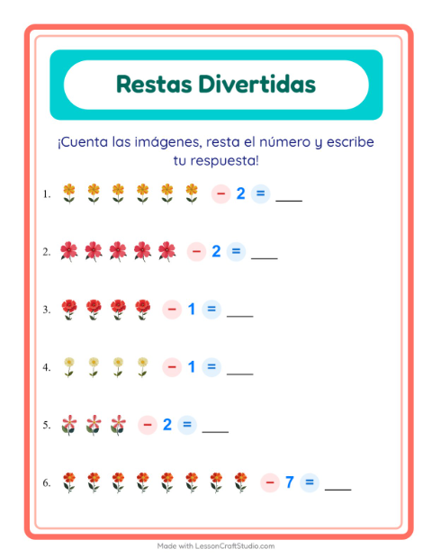 Vista previa de la hoja de Resta con Flores para jardín infantil