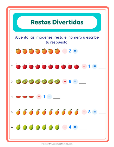 Vista previa de la hoja de Resta con Frutas para jardín infantil
