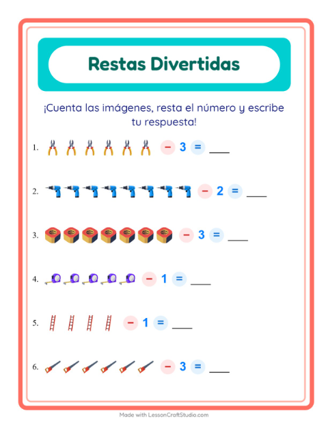 Vista previa de la hoja de Resta con Herramientas para jardín infantil