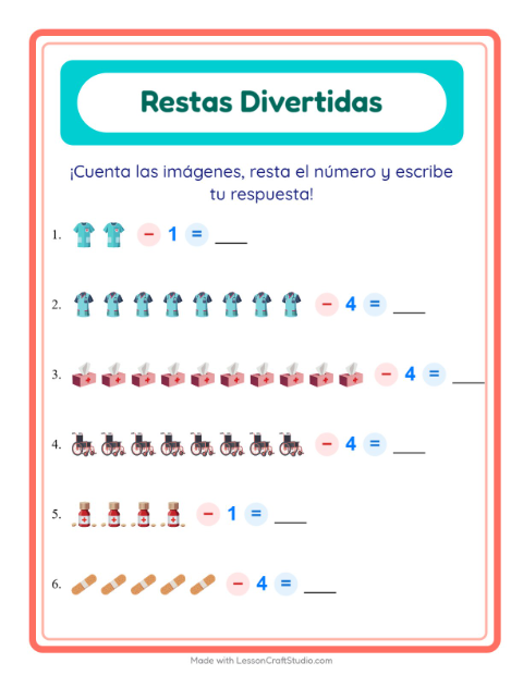Vista previa de la hoja de Resta con Hospital para jardín infantil