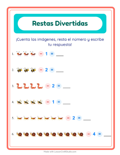 Vista previa de la hoja de Resta con Insectos y bichos para jardín infantil