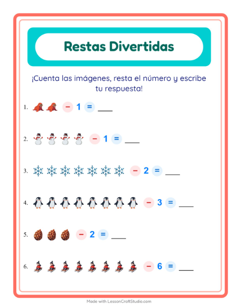 Vista previa de la hoja de Resta con Invierno para jardín infantil